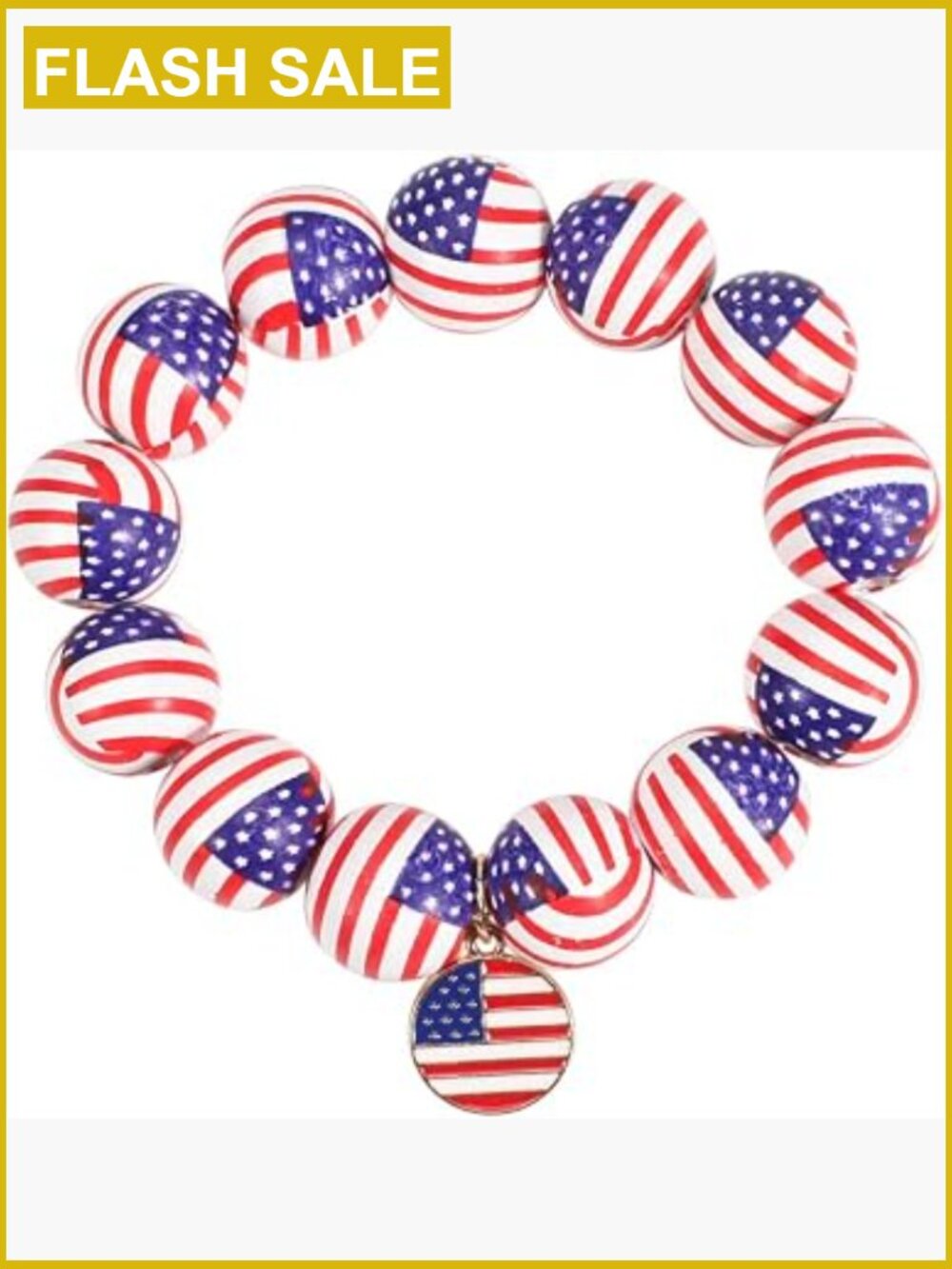 Patriotic Wooden Bead Stretch Bracelet with Star Heart Charms